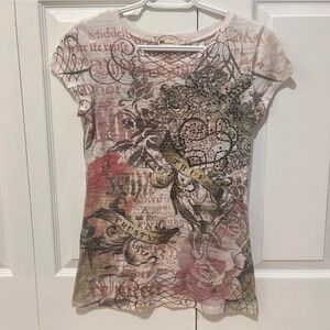 Chelona Pink White Multi-Coloured Graphic Metal Embroidered T-Shirt Y2K
